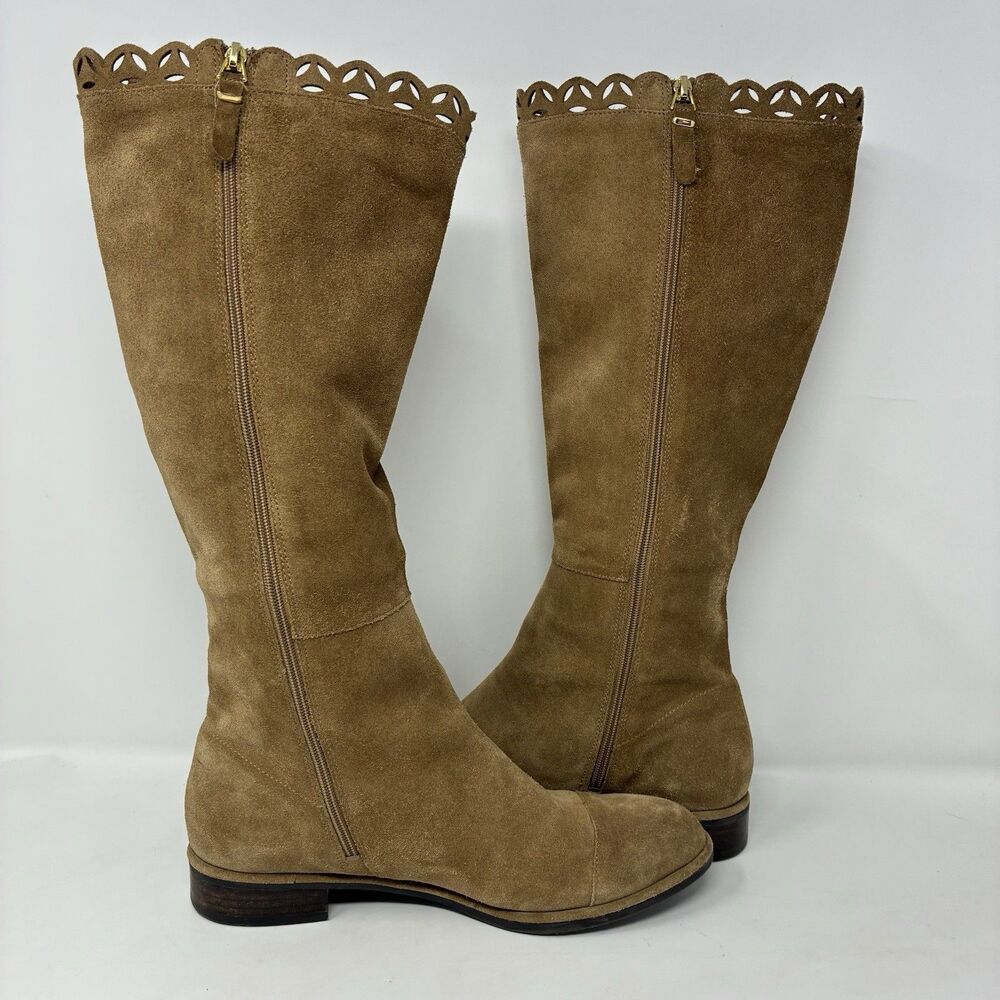 VIA SPIGA Womens Sz 7M Cashew Inari Suede Scalloped/Laser Cut Edge Riding Boots